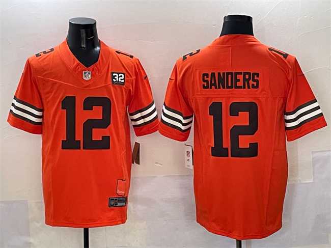 Men%27s Cleveland Browns #12 Shedeur Sanders Orange 2025 Draft F.U.S.E. With Jim Brown Memorial & Home Patch Vapor Limited Stitched Jersey